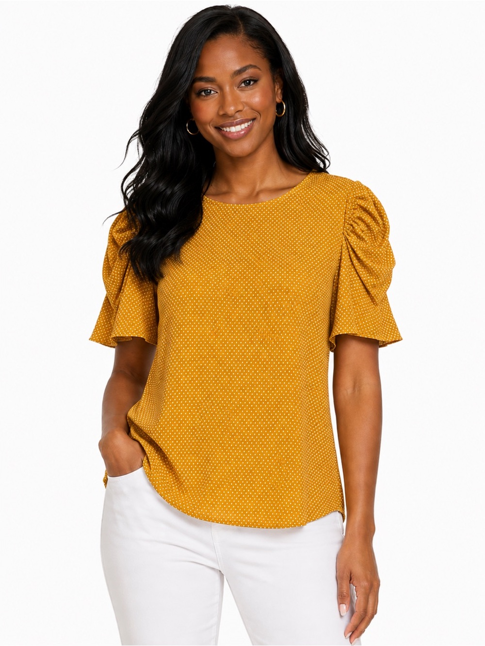 NWT Adrianna Papell polkadot mustard colored blouse Top, Size Large